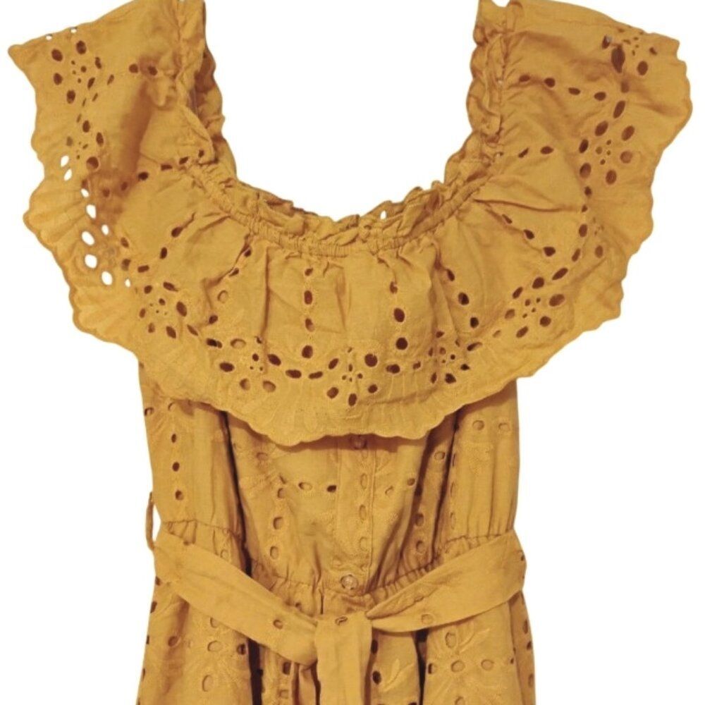 Simplee Dress Mustard Cotton Off Shoulder Ruffle Eyelet Cottage Prairie Peasant - Picture 9 of 14